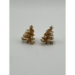 Vintage MYLU Christmas Tree Clip-On Earrings Faux Pearl AB Rhinestones Gold Tone